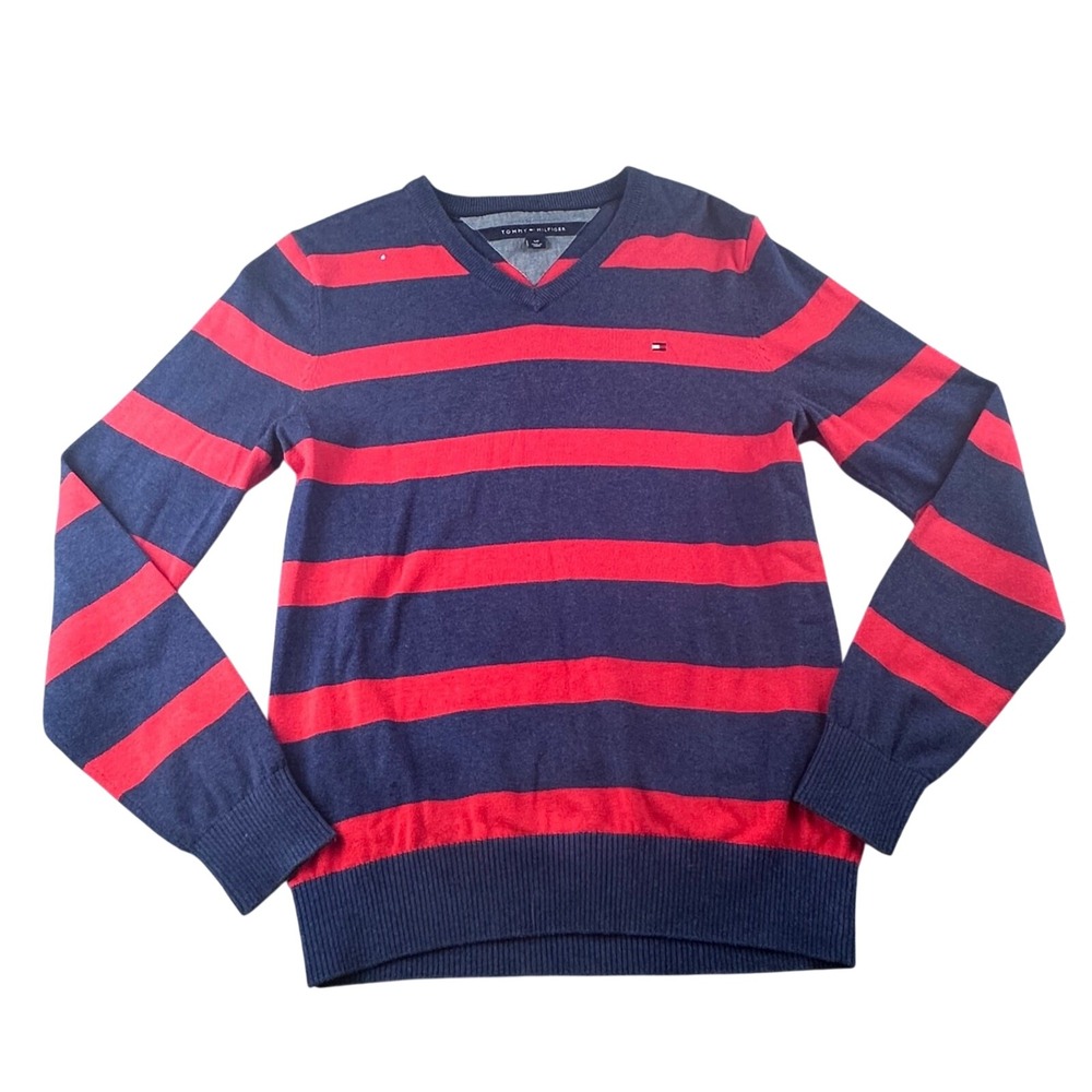Tommy Hilfiger Sweater Men S‎ Multi Color Striped V-Neck Cotton Pullover College